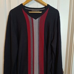Vintage Structure V-Neck Striped Large Sweater Italian Merino Wool VTG Black Red
